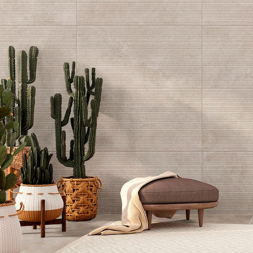 Rivestimento esterno in gres porcellanato effetto pietra rigata della collezione Oasi di Savoia Italia, formato 60x120 cm, Decoro Strutturato Desert