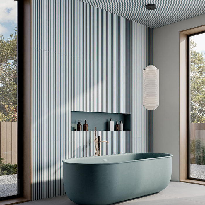 Rivestimento ceramico 60x120 cm cannettato della collezione Ludo, colore Nova 3D Bianco Blu di Ceramica Rondine.