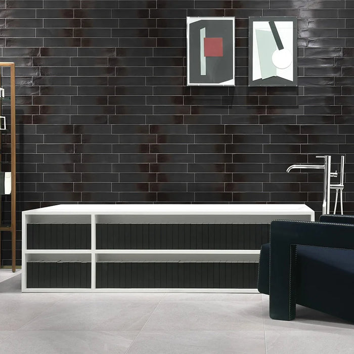 Bagno moderno con rivestimento in gres porcellanato effetto mattoncino Semilucido 7,5x30 cm della collezione Allure, colore Velvet di Ceramica Settecento