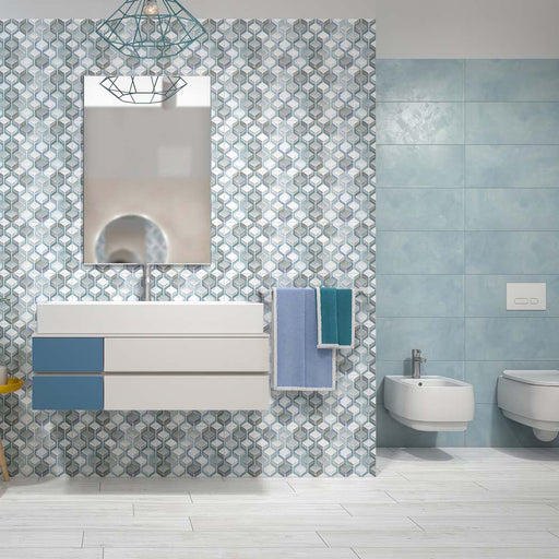 Rivestimento Bagno Moderno con piastrelle dal design geometrico, collezione Karma di Idea Ceramica. colore Moksa Cold