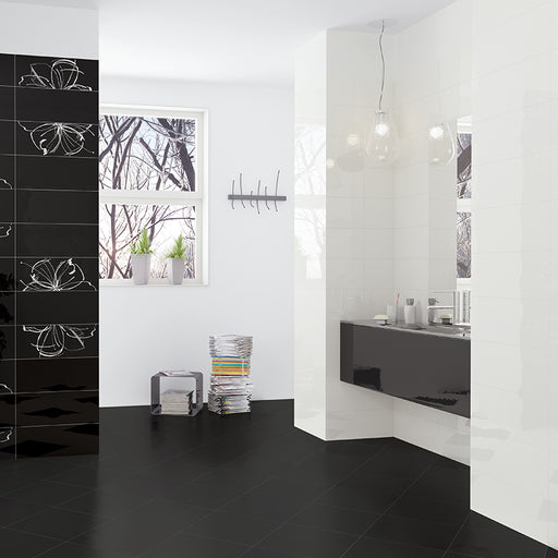 Bagno moderno Black and White, con mobile bagno lucido nero e pavimento in gres porcellanato smaltato satinato/opaco a tinta unita dai colori pastello della collezione Mood di Paul & Co Ceramiche, formato 31x31, colore Nero