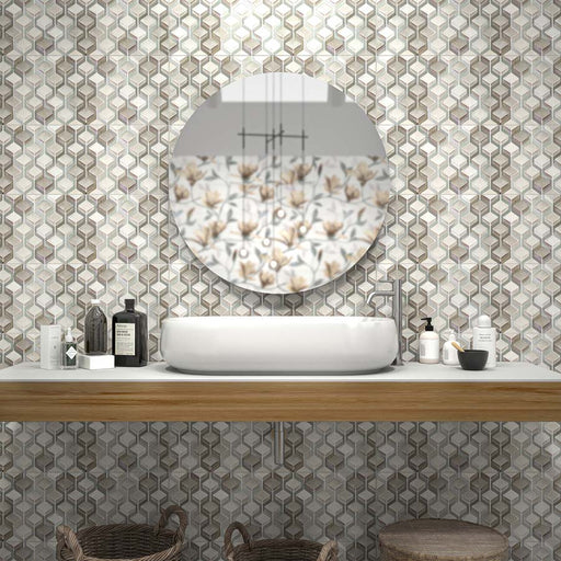 Rivestimento Bagno Moderno con piastrelle decorate geometriche, collezione Karma di Idea Ceramica. colore Warm