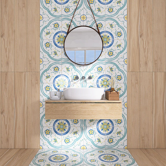 Pavimento in Gres porcellanato serie antiche riggiole napoletane di savoia italia. Pavimento decorato in stile vietrese dai colori accesi