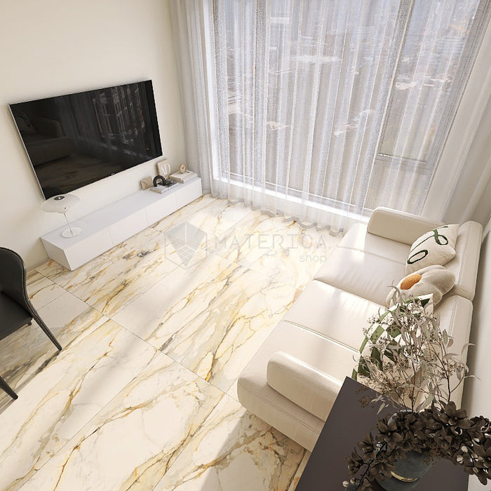 Salotto moderno con pavimento dal design sofisticato ed elegante in gres porcellanato effetto marmo opaco, ideale per ambienti moderni e raffinati. Collezione La Marmoteca di Gardenia Orchidea, formato 60x120 cm, colore Antique Brown