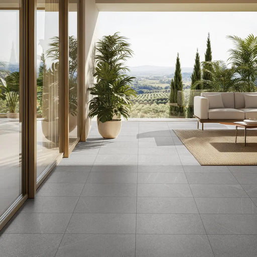 Porticato con pavimento in gres porcellanato effetto pietra arkistone perla 21x43