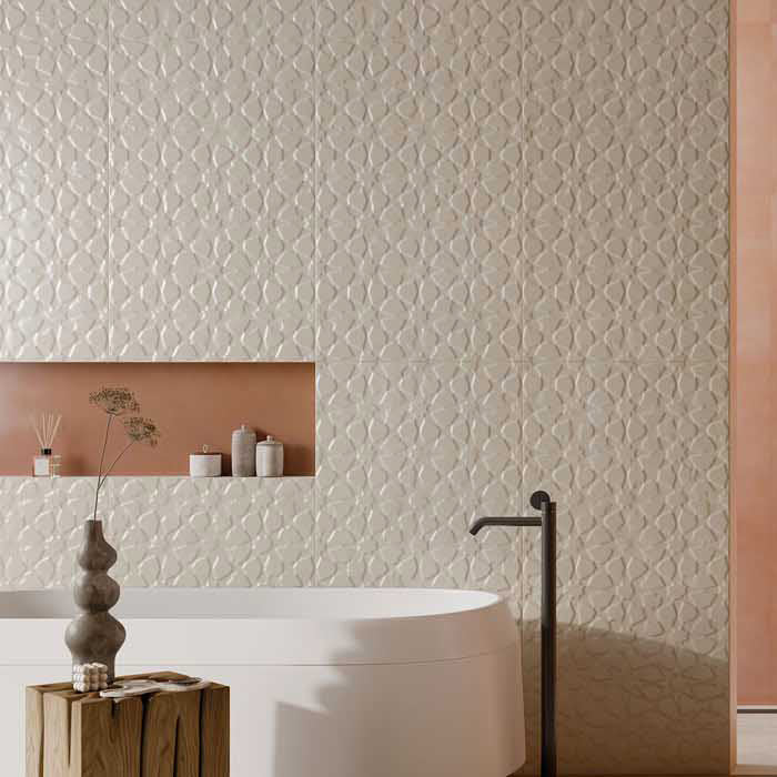 Rivestimento ceramico 60x120 cm della collezione Aurea, colore Kupra 3D Avorio di Ceramica Rondine.