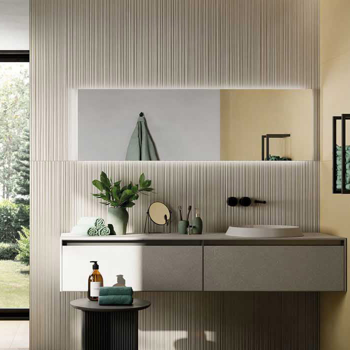 Rivestimento ceramico 60x120 cm della collezione Aurea, colore Linea 3D Avorio di Ceramica Rondine.