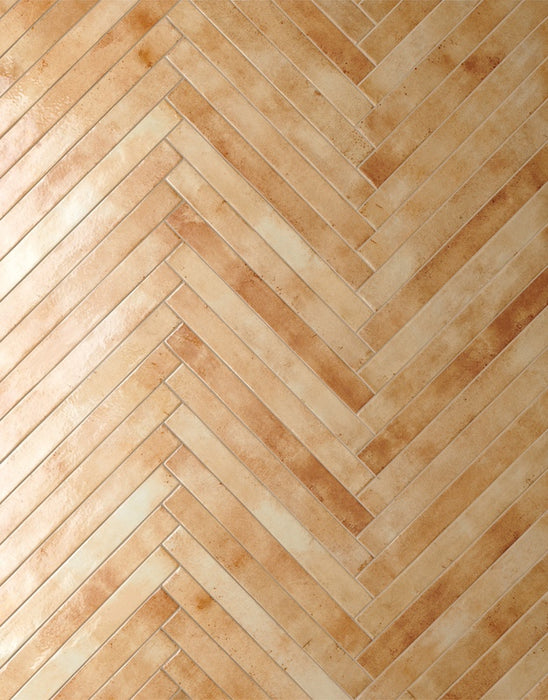 Dettaglio posato piastrella per pavimento e rivestimento in gres porcellanato effetto mattoncino lucido 4.8x45 cm della collezione Colors Brick, colore Beige di Ceramica Rondine