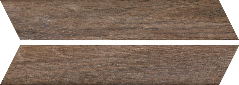 Dettaglio piastrella da pavimento in gres porcellanato effetto legno rustico, serie Vintage di Ceramica Rondine, colore Brune Chevron 7.5x40.7 