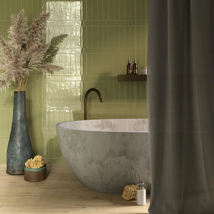 Bagno moderno rivestimento ceramico pasta bianca Back To Basic Muschio 6x25 Eccentrico, effetto mattoncino tinta unita lucido