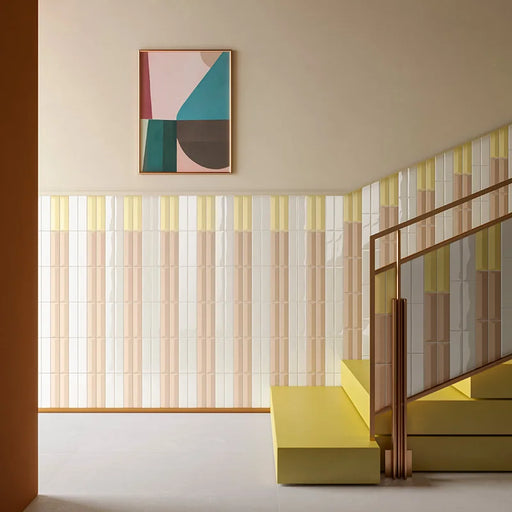 Piastrella ceramica pasta bianca Beat Charleston Powder 5x20 Eccentrico, effetto mattoncino a rilievo opaco.