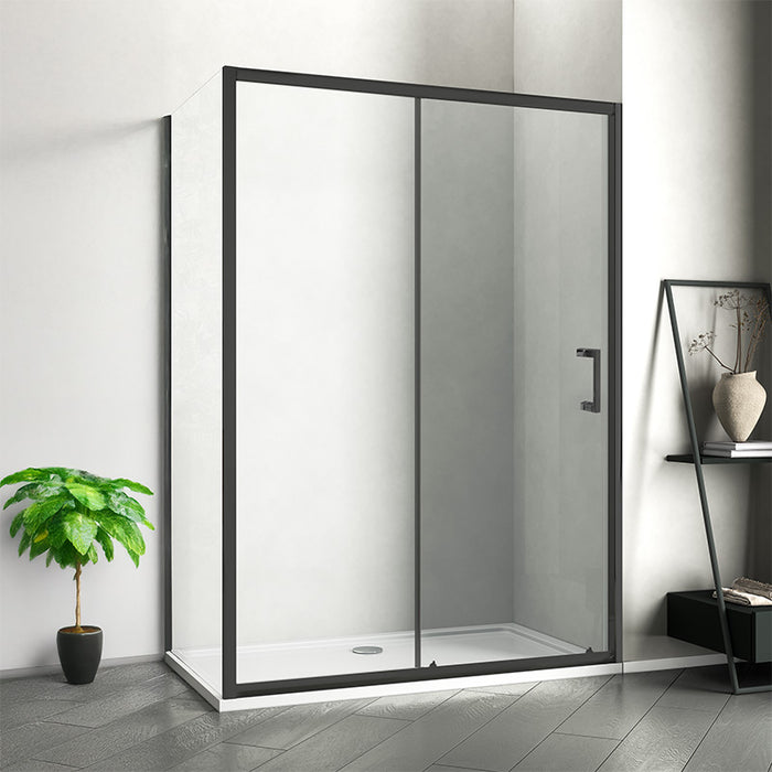 box doccia angolare della serie BIG grande con profili nero opaco e vetro trasparente