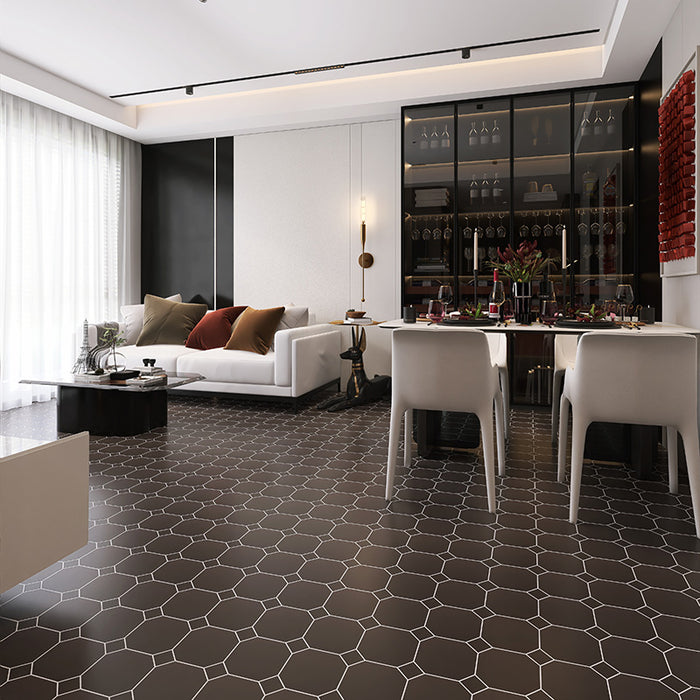 Soggiorno moderno con pavimento in gres ottagonale con tozzetto nero della collezione Imperiale di Self Style by Keradom, formato 15x15 colore Nero