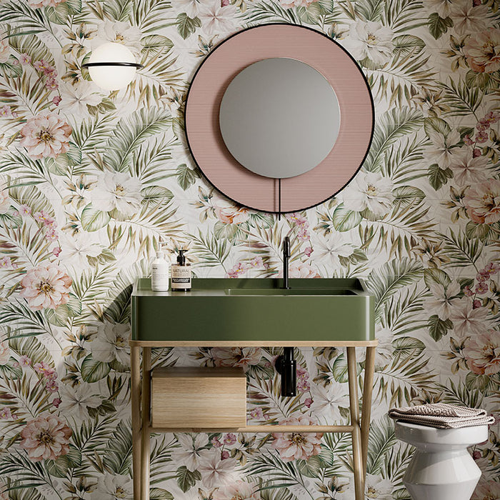 Rivestimento ceramico 33x100 cm della collezione Ludostone, colore Oasi Bloom di Ceramica Rondine.