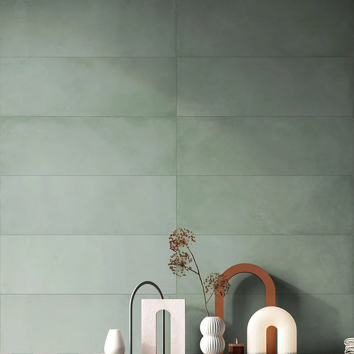 Dettaglio rivestimento in bicottura pasta bianca effetto resina della collezione Blossom di Savoia Italia, formato 33x100 cm, colore Menta