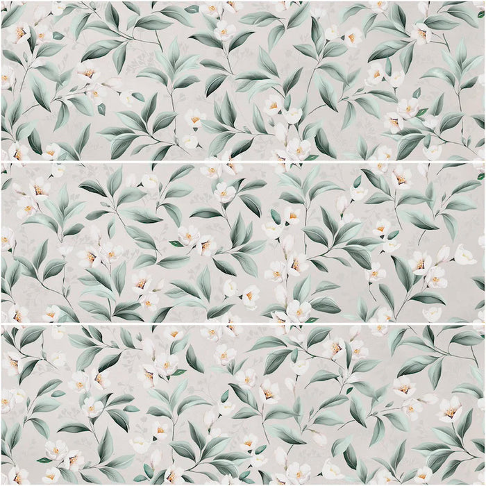 Piastrella per rivestimenti in bicottura pasta bianca con decoro floreale della collezione Blossom di Savoia Italia, formato 33x100 cm, colore Garden Bianco