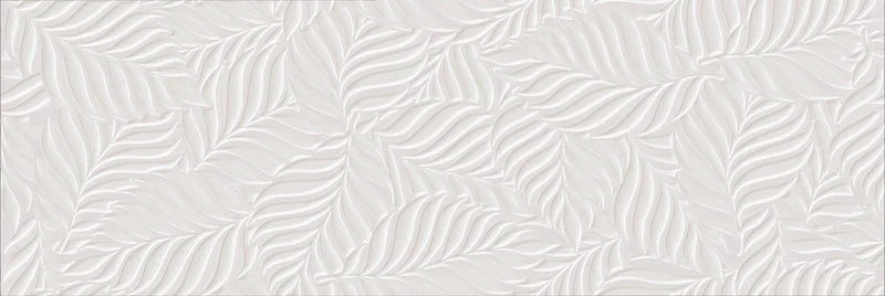 Piastrella per rivestimenti in bicottura pasta bianca effetto tono su tono a rilievo della collezione Blossom di Savoia Italia, formato 33x100 cm, colore Tropical Bianco