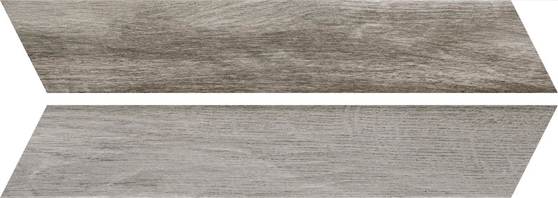 Dettaglio piastrella da pavimento in gres porcellanato effetto legno rustico, serie Vintage di Ceramica Rondine, colore Centre Chevron 7.5x40.7 