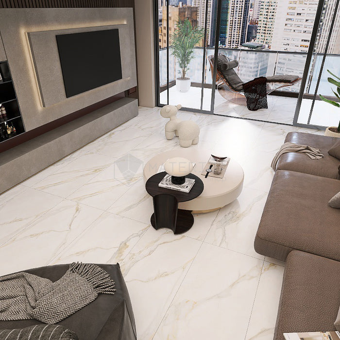 Salotto moderno con pavimento in gres porcellanato effetto marmo opaco, della collezione La Marmoteca di Gardenia Orchidea, formato 60x120 NAT. PTECH, colore Calacatta Elegance