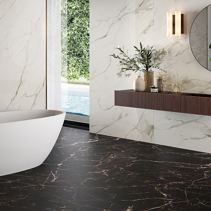 Dettaglio piastrella in gres porcellanato effetto marmo opaco della collezione Canova di Ceramica Rondine, formato 60x60, colore Empreador