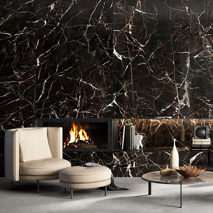 Piastrelle in gres porcellanato effetto marmo lucido della collezione Canova di Ceramica Rondine, formato 120x120, colore Emperador