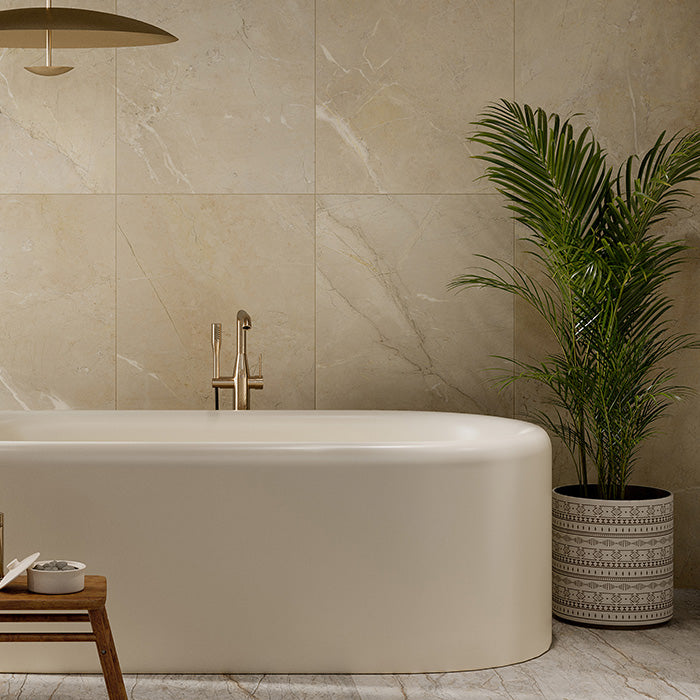 Dettaglio piastrella in gres porcellanato effetto marmo opaco della collezione Canova di Ceramica Rondine, formato 60x120, colore Limestone