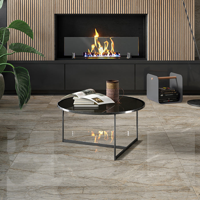 Piastrelle in gres porcellanato effetto marmo lucido della collezione Canova di Ceramica Rondine, formato 120x120, colore Oxford Grey