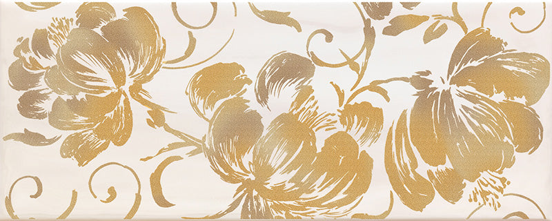 dettaglio piastrella da rivestimento con decoro floreale ispirato ai caraibi effetto carta da parati, piastrella lucida dai colori vivaci della collezione Caribe di Paul & Co Ceramiche, formato 20x50, colore Flores Ivory