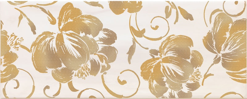 dettaglio piastrella da rivestimento con decoro floreale ispirato ai caraibi effetto carta da parati, piastrella lucida dai colori vivaci della collezione Caribe di Paul & Co Ceramiche, formato 20x50, colore Flores Ivory