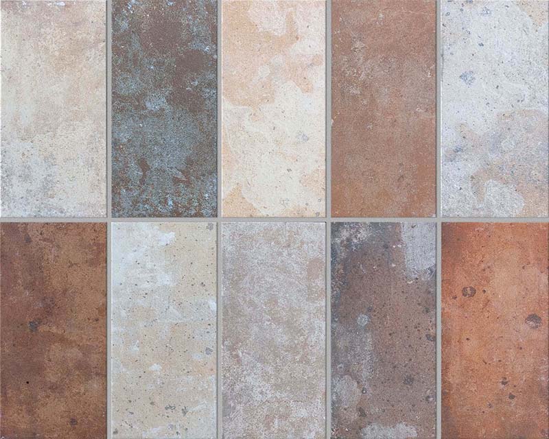dettaglio piastrelle in gres porcellanato effetto cotto toscano della collezione Chianti di Keradom, formato 12.5x25 colore Multicolor per esterno antiscivolo R11