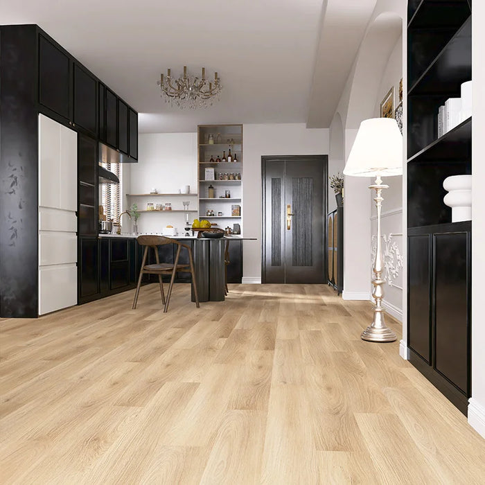 Dettaglio cucina con pavimento spc effetto legno CoverUpp perla in offerta