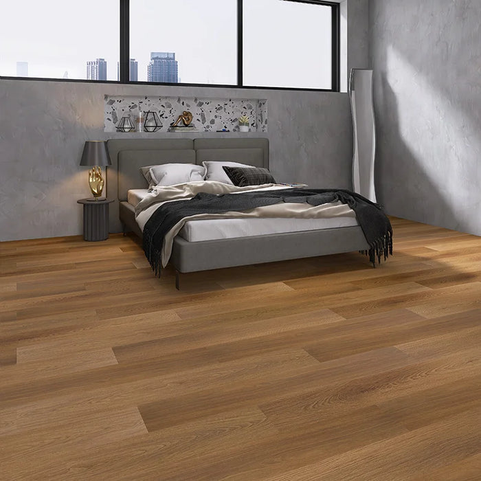 Dettaglio camera da letto con pavimento spc effetto legno CoverUpp rovere in offerta