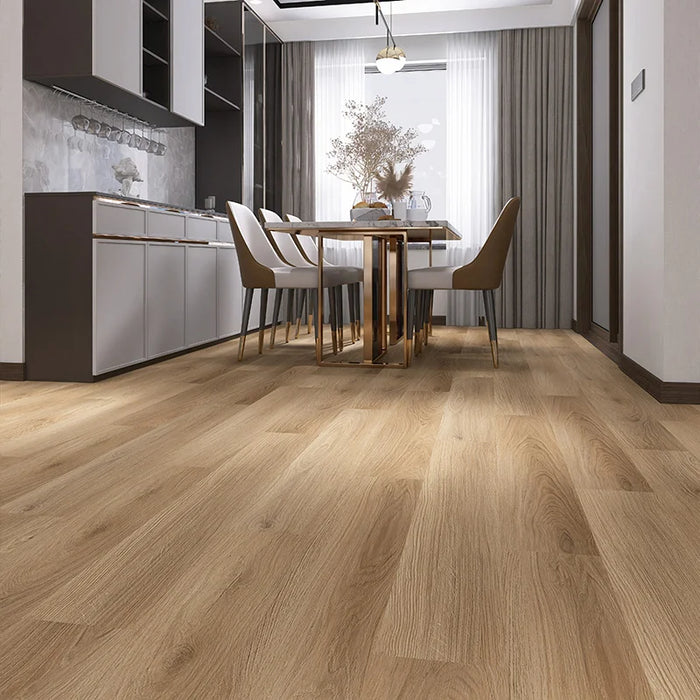 pavimento di sala da pranzo con cucina in effetto legno spc posato senza fuga, CoverUpp Naturale 18x122