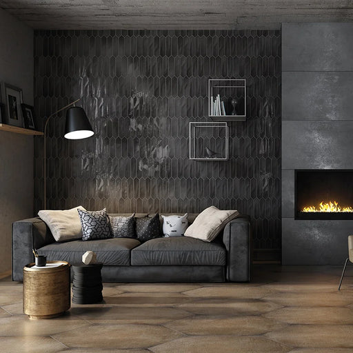 Dettaglio piastrella per rivestimento ceramico effetto mattoncino lucido, formato losanghina 7,5x30 cm della collezione Crayons, colore Charcoal di Ceramica Settecento