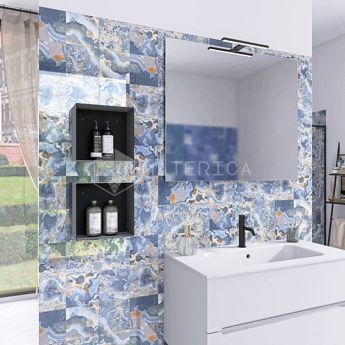 Bagno moderno con rivestimento in gres porcellanato effetto pietra spaziale. Collezione Swimming Pool di Ceramica Valsecchia, formato 15x15, Cross Multicolor