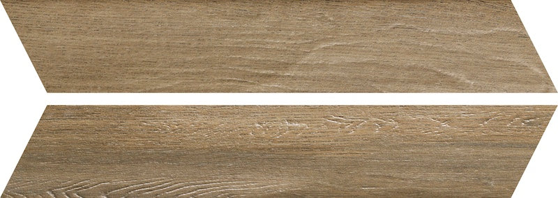 Dettaglio piastrella da pavimento in gres porcellanato effetto legno rustico, serie Vintage di Ceramica Rondine, colore Dorè Chevron 7.5x40.7 