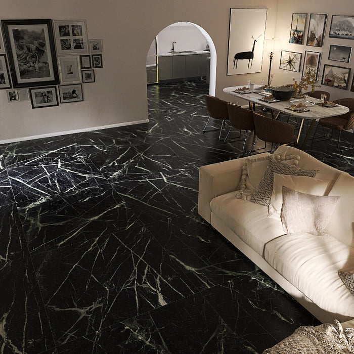 Piastrella per pavimenti e rivestimenti dal design sofisticato ed elegante in gres porcellanato effetto marmo opaco, ideale per ambienti moderni e raffinati. Collezione La Marmoteca di Gardenia Orchidea, formato 120x120 cm, colore Deep Green