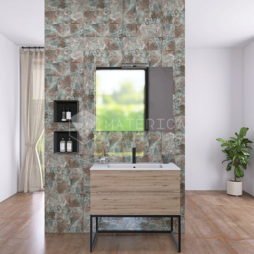 Bagno moderno con rivestimento in gres porcellanato effetto pietra spaziale. Collezione Swimming Pool di Ceramica Valsecchia, formato 15x15, Deep Land