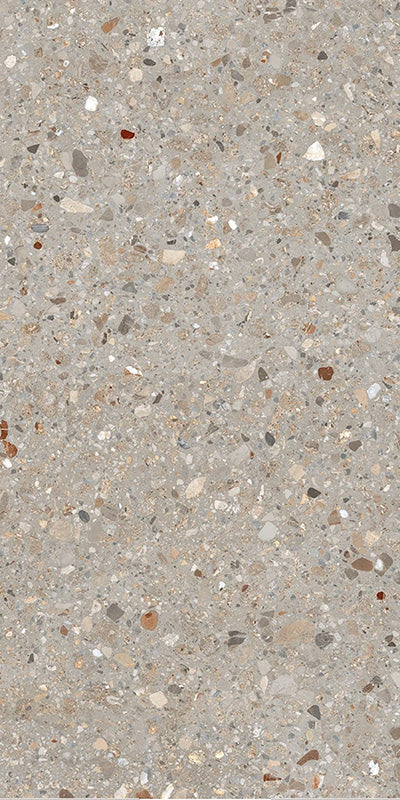 Dettaglio piastrella in gres porcellanato effetto pietra con dettagli in marmo, Ceramiche Keope - Collezione Dolmix, formato 60x120 cm, finitura natural R9, colore Grey. Ideale per pavimenti e rivestimenti di design.