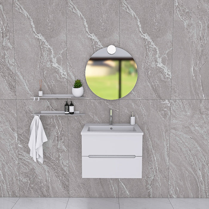 La composizione bagno Pandora 01 cattura l'attenzione con il suo minimale mobile sospeso, caratterizzato da linee pulite e un design essenziale che si integra perfettamente in ogni ambiente moderno. Il top con lavabo integrato in mineralmarmo, lucido e pratico, si abbina splendidamente alla finitura opaca del mobile, garantendo luminosità e facilità di pulizia.