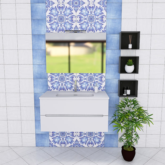 Composizione mobile bagno Pandora 02 con mobile sospeso, top con lavabo integrato in ceramica lucida si abbina splendidamente alla finitura opaca del mobile, garantendo luminosità e facilità di pulizia. Specchio rettangolare a filo lucido con lampada superiore a Led, oltre a 3 pensili a giorno in metallo nero opaco. Disponibile nelle finiture: Tortora Opaco, Bianco Opaco, Noce, Rovere, Rovere Rustico e Larice Bianco.