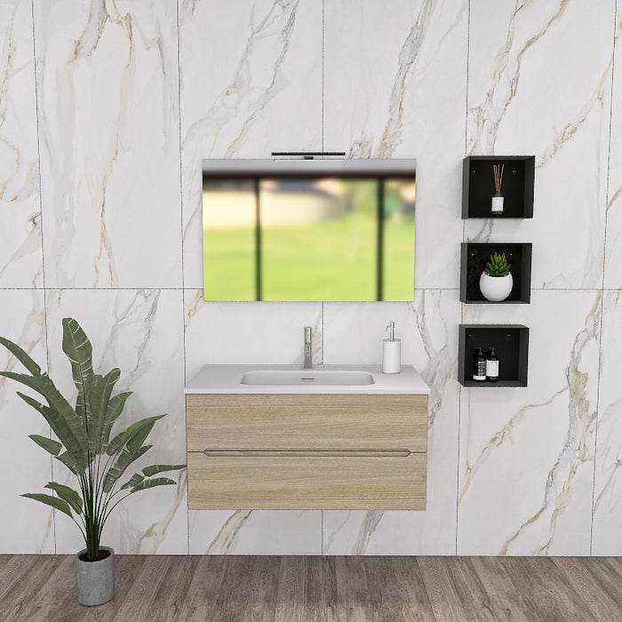 Composizione mobile bagno Pandora 02 con mobile sospeso, top con lavabo integrato in ceramica lucida si abbina splendidamente alla finitura opaca del mobile, garantendo luminosità e facilità di pulizia. Specchio rettangolare a filo lucido con lampada superiore a Led, oltre a 3 pensili a giorno in metallo nero opaco. Disponibile nelle finiture: Tortora Opaco, Bianco Opaco, Noce, Rovere, Rovere Rustico e Larice Bianco.