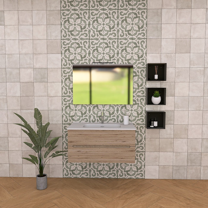 Composizione mobile bagno Pandora 02 con mobile sospeso, top con lavabo integrato in ceramica lucida si abbina splendidamente alla finitura opaca del mobile, garantendo luminosità e facilità di pulizia. Specchio rettangolare a filo lucido con lampada superiore a Led, oltre a 3 pensili a giorno in metallo nero opaco. Disponibile nelle finiture: Tortora Opaco, Bianco Opaco, Noce, Rovere, Rovere Rustico e Larice Bianco.