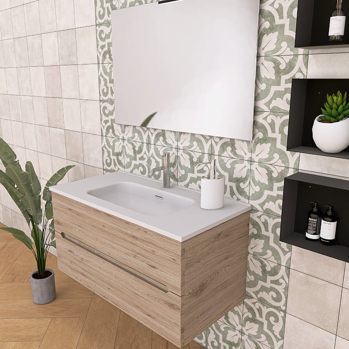 Composizione mobile bagno Pandora 02 con mobile sospeso, top con lavabo integrato in ceramica lucida si abbina splendidamente alla finitura opaca del mobile, garantendo luminosità e facilità di pulizia. Specchio rettangolare a filo lucido con lampada superiore a Led, oltre a 3 pensili a giorno in metallo nero opaco. Disponibile nelle finiture: Tortora Opaco, Bianco Opaco, Noce, Rovere, Rovere Rustico e Larice Bianco.