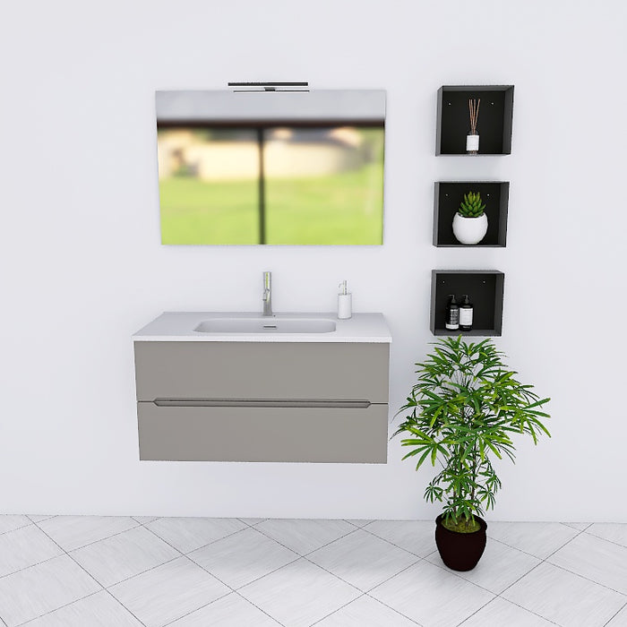 Composizione mobile bagno Pandora 02 con mobile sospeso, top con lavabo integrato in ceramica lucida si abbina splendidamente alla finitura opaca del mobile, garantendo luminosità e facilità di pulizia. Specchio rettangolare a filo lucido con lampada superiore a Led, oltre a 3 pensili a giorno in metallo nero opaco. Disponibile nelle finiture: Tortora Opaco, Bianco Opaco, Noce, Rovere, Rovere Rustico e Larice Bianco.