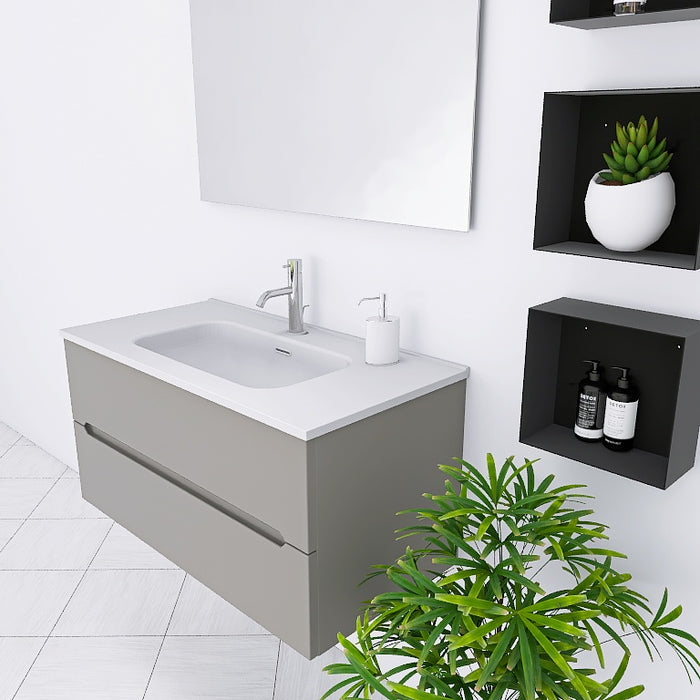 Composizione mobile bagno Pandora 02 con mobile sospeso, top con lavabo integrato in ceramica lucida si abbina splendidamente alla finitura opaca del mobile, garantendo luminosità e facilità di pulizia. Specchio rettangolare a filo lucido con lampada superiore a Led, oltre a 3 pensili a giorno in metallo nero opaco. Disponibile nelle finiture: Tortora Opaco, Bianco Opaco, Noce, Rovere, Rovere Rustico e Larice Bianco.