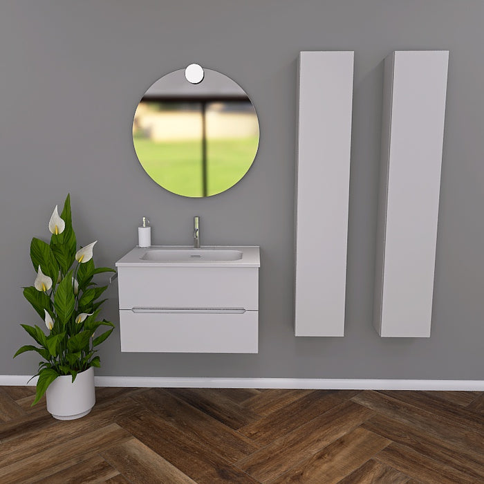 Pandora 03 è composta da mobile sospeso della lunghezza di 70cm con top con lavabo integrato in ceramica lucida. Completano la composizione uno specchio tondo a filo lucido con lampada superiore e 2 colonne sospese dell' altezza di 150cm. Disponibile nelle finiture: Tortora Opaco, Bianco Opaco, Noce, Rovere, Rovere Rustico e Larice Bianco.