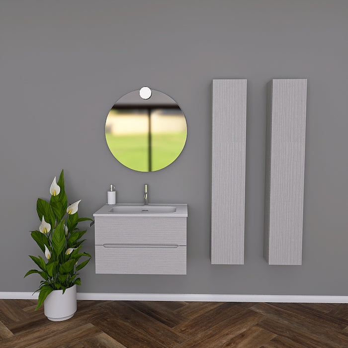 Pandora 03 è composta da mobile sospeso della lunghezza di 70cm con top con lavabo integrato in ceramica lucida. Completano la composizione uno specchio tondo a filo lucido con lampada superiore e 2 colonne sospese dell' altezza di 150cm. Disponibile nelle finiture: Tortora Opaco, Bianco Opaco, Noce, Rovere, Rovere Rustico e Larice Bianco.