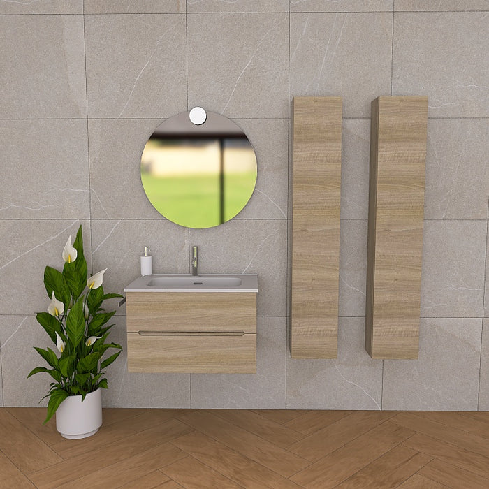 Pandora 03 è composta da mobile sospeso della lunghezza di 70cm con top con lavabo integrato in ceramica lucida. Completano la composizione uno specchio tondo a filo lucido con lampada superiore e 2 colonne sospese dell' altezza di 150cm. Disponibile nelle finiture: Tortora Opaco, Bianco Opaco, Noce, Rovere, Rovere Rustico e Larice Bianco.