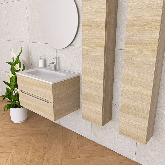 Pandora 03 è composta da mobile sospeso della lunghezza di 70cm con top con lavabo integrato in ceramica lucida. Completano la composizione uno specchio tondo a filo lucido con lampada superiore e 2 colonne sospese dell' altezza di 150cm. Disponibile nelle finiture: Tortora Opaco, Bianco Opaco, Noce, Rovere, Rovere Rustico e Larice Bianco.